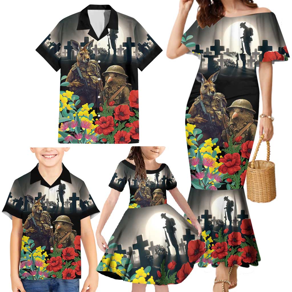 Kangaroo-Kiwi Soldier ANZAC Personalised Family Matching Mermaid Dress and Hawaiian Shirt Golden Wattle Poppy Flowers LT9 - Polynesian Pride
