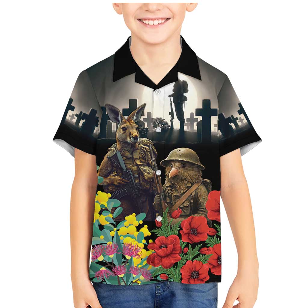 Kangaroo-Kiwi Soldier ANZAC Personalised Family Matching Mermaid Dress and Hawaiian Shirt Golden Wattle Poppy Flowers LT9 Son's Shirt Black - Polynesian Pride
