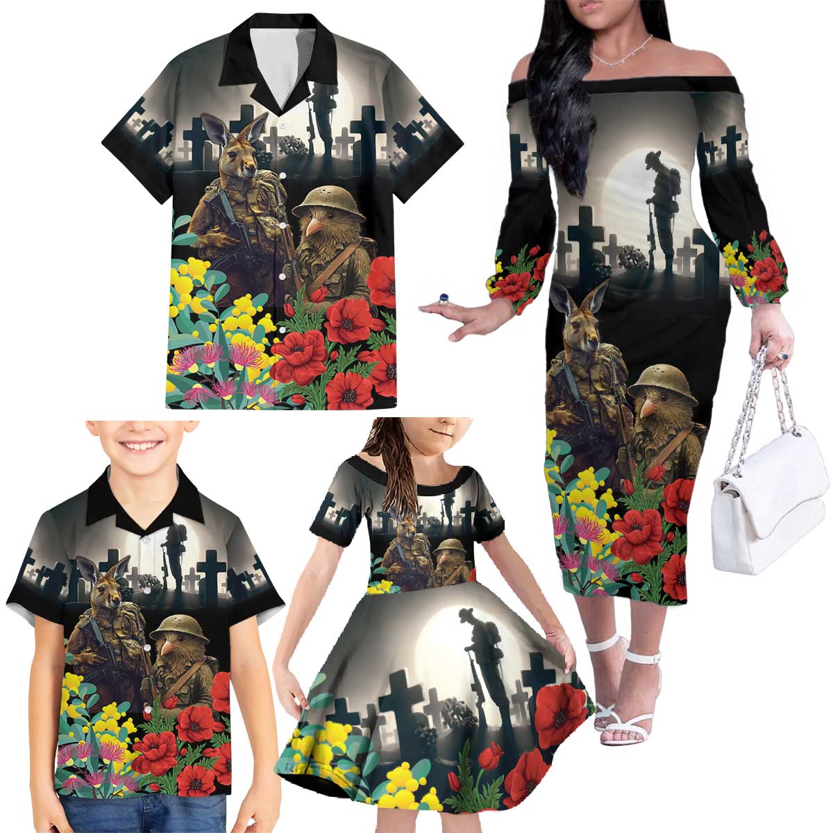 Kangaroo-Kiwi Soldier ANZAC Personalised Family Matching Off The Shoulder Long Sleeve Dress and Hawaiian Shirt Golden Wattle Poppy Flowers LT9 - Polynesian Pride
