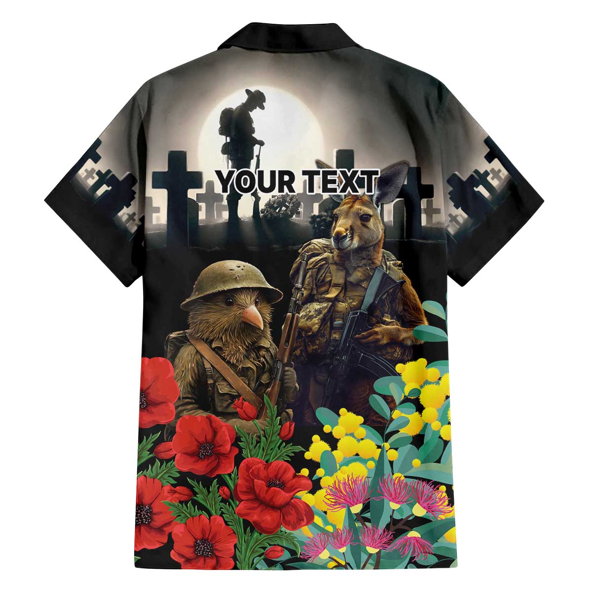 Kangaroo-Kiwi Soldier ANZAC Personalised Family Matching Off The Shoulder Long Sleeve Dress and Hawaiian Shirt Golden Wattle Poppy Flowers LT9 - Polynesian Pride