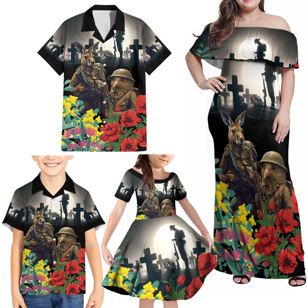 Kangaroo-Kiwi Soldier ANZAC Personalised Family Matching Off Shoulder Maxi Dress and Hawaiian Shirt Golden Wattle Poppy Flowers LT9 - Polynesian Pride