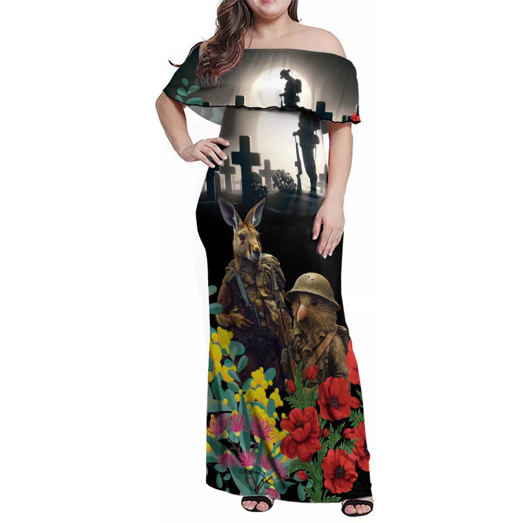 Kangaroo-Kiwi Soldier ANZAC Personalised Family Matching Off Shoulder Maxi Dress and Hawaiian Shirt Golden Wattle Poppy Flowers LT9 Mom's Dress Black - Polynesian Pride