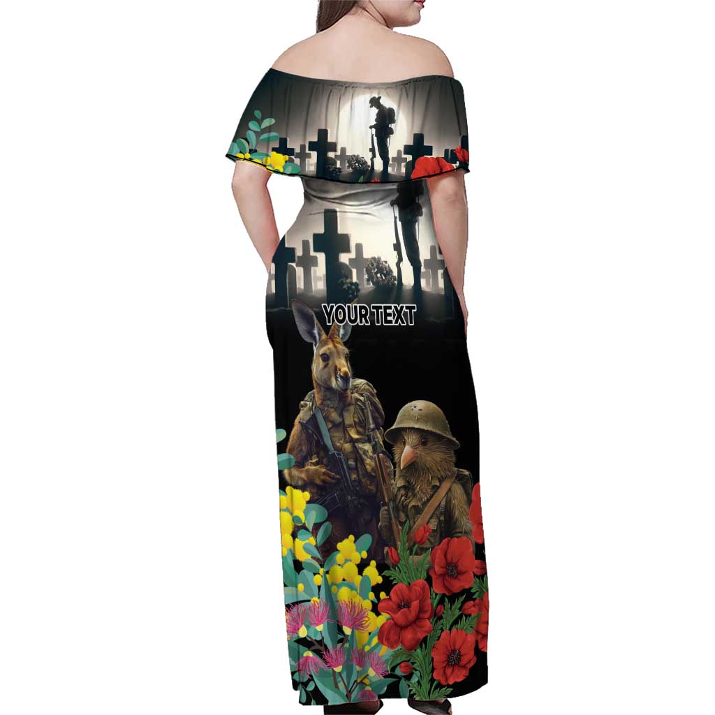 Kangaroo-Kiwi Soldier ANZAC Personalised Family Matching Off Shoulder Maxi Dress and Hawaiian Shirt Golden Wattle Poppy Flowers LT9 - Polynesian Pride