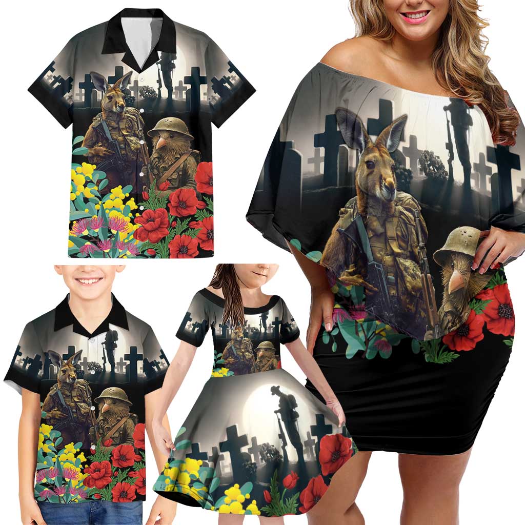 Kangaroo-Kiwi Soldier ANZAC Personalised Family Matching Off Shoulder Short Dress and Hawaiian Shirt Golden Wattle Poppy Flowers LT9 - Polynesian Pride