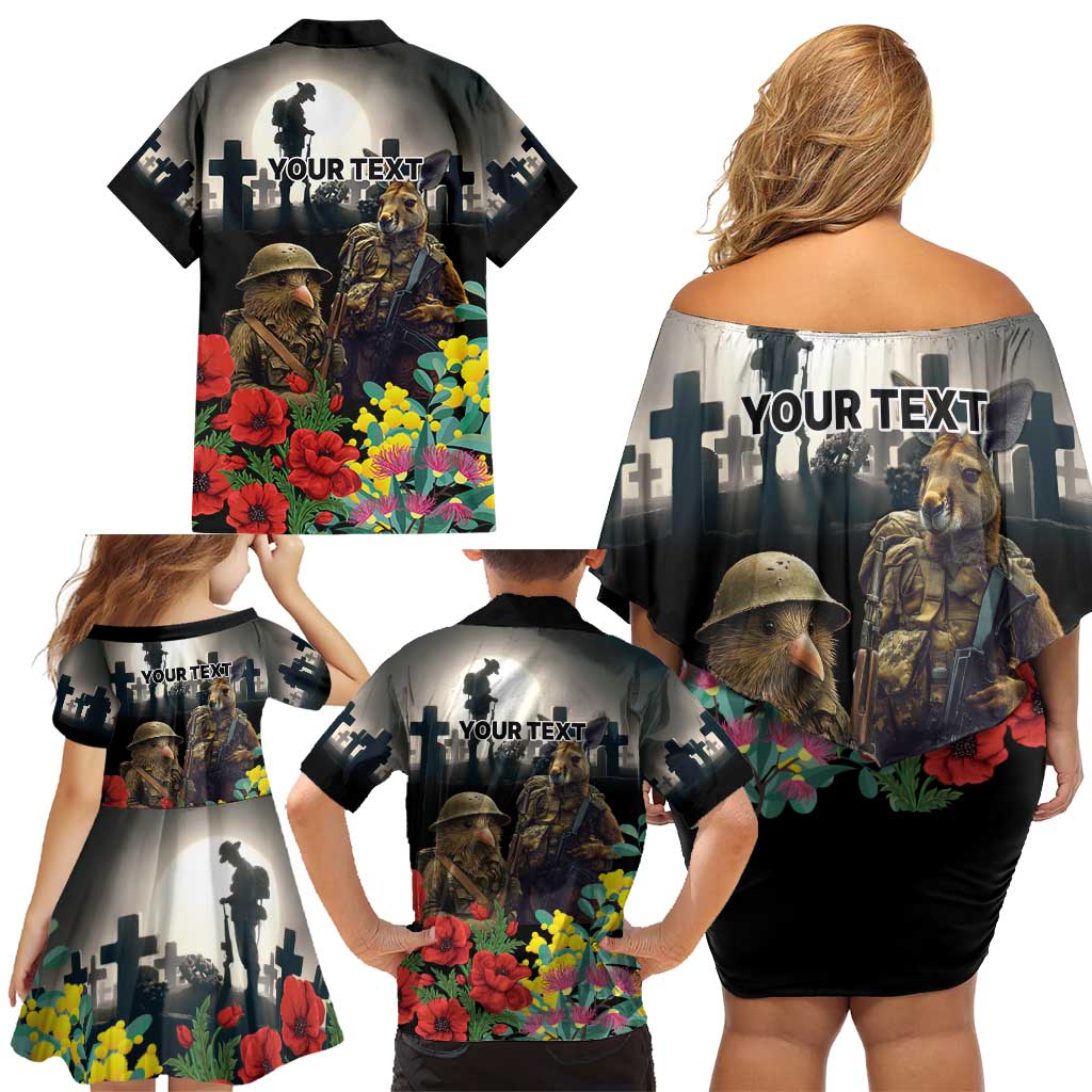 Kangaroo-Kiwi Soldier ANZAC Personalised Family Matching Off Shoulder Short Dress and Hawaiian Shirt Golden Wattle Poppy Flowers LT9 - Polynesian Pride