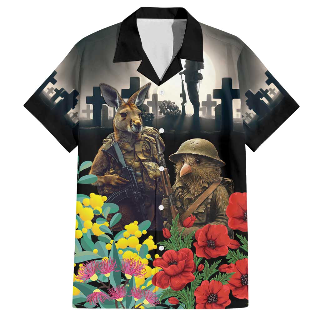 Kangaroo-Kiwi Soldier ANZAC Personalised Family Matching Off Shoulder Short Dress and Hawaiian Shirt Golden Wattle Poppy Flowers LT9 Dad's Shirt - Short Sleeve Black - Polynesian Pride