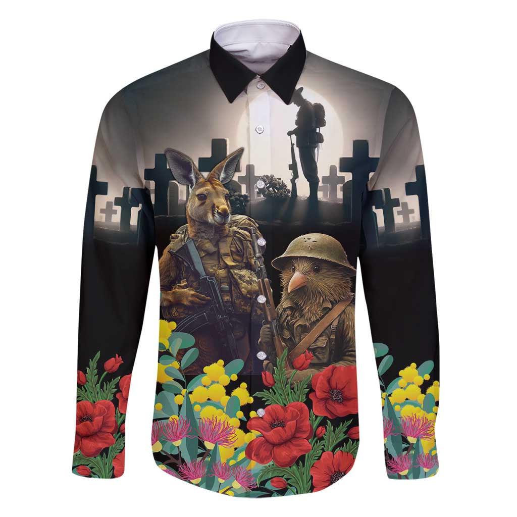 Kangaroo-Kiwi Soldier ANZAC Personalised Family Matching Off Shoulder Short Dress and Hawaiian Shirt Golden Wattle Poppy Flowers LT9 Dad's Shirt - Long Sleeve Black - Polynesian Pride