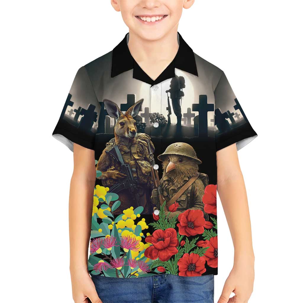 Kangaroo-Kiwi Soldier ANZAC Personalised Family Matching Puletasi and Hawaiian Shirt Golden Wattle Poppy Flowers LT9 Son's Shirt Black - Polynesian Pride