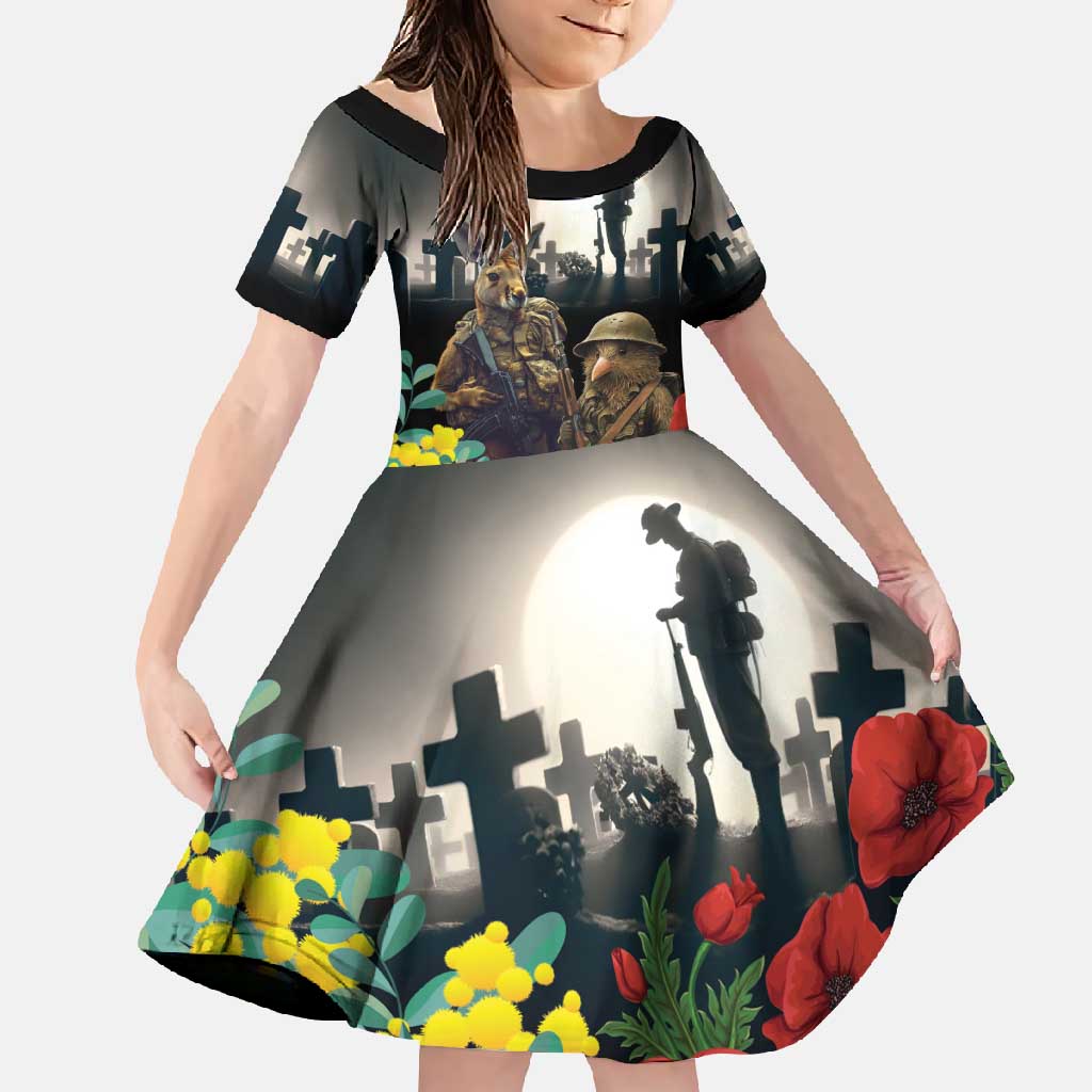 Kangaroo-Kiwi Soldier ANZAC Personalised Family Matching Tank Maxi Dress and Hawaiian Shirt Golden Wattle Poppy Flowers LT9 Daughter's Dress Black - Polynesian Pride