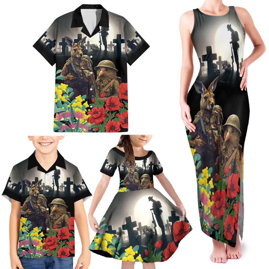 Kangaroo-Kiwi Soldier ANZAC Personalised Family Matching Tank Maxi Dress and Hawaiian Shirt Golden Wattle Poppy Flowers LT9 - Polynesian Pride