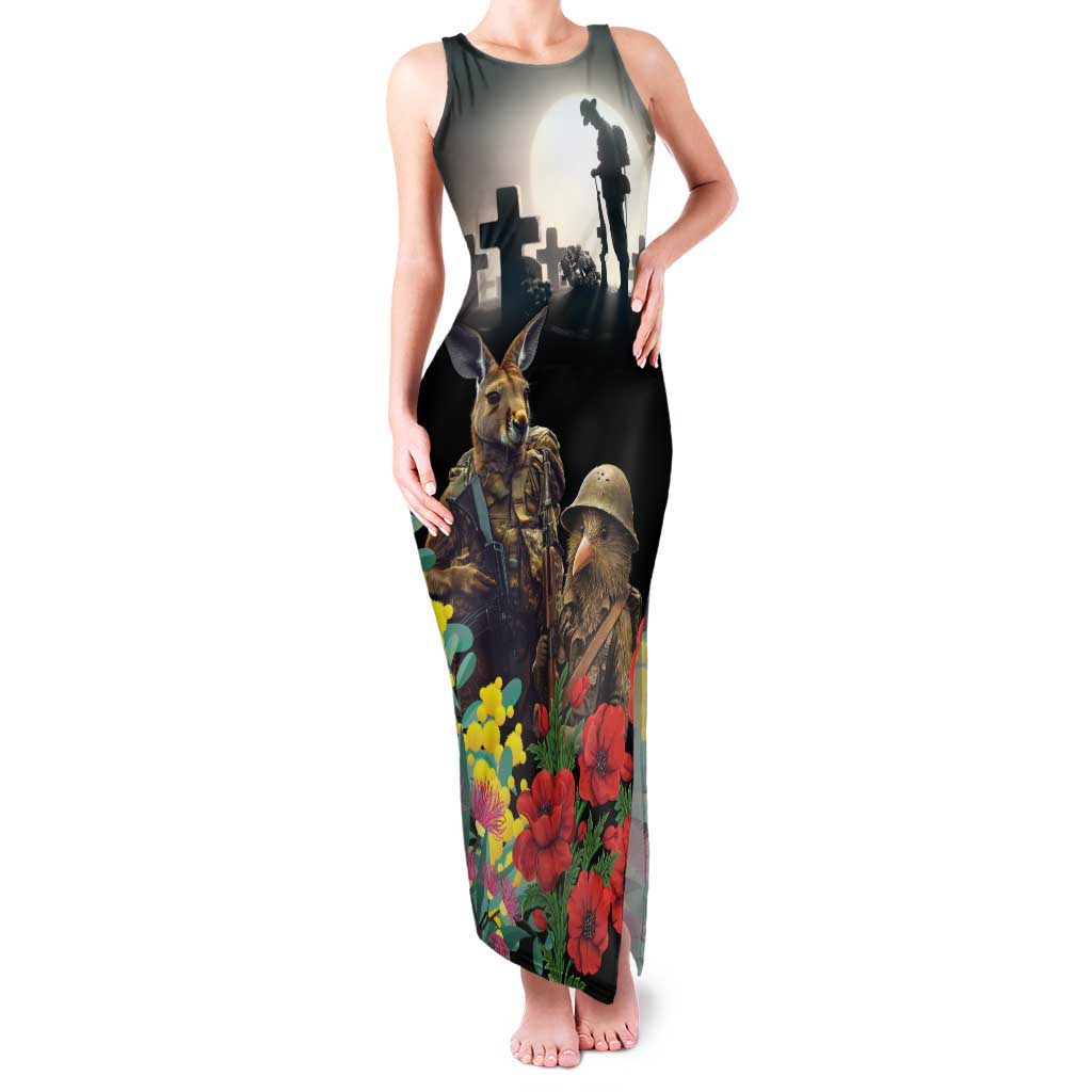 Kangaroo-Kiwi Soldier ANZAC Personalised Family Matching Tank Maxi Dress and Hawaiian Shirt Golden Wattle Poppy Flowers LT9 Mom's Dress Black - Polynesian Pride