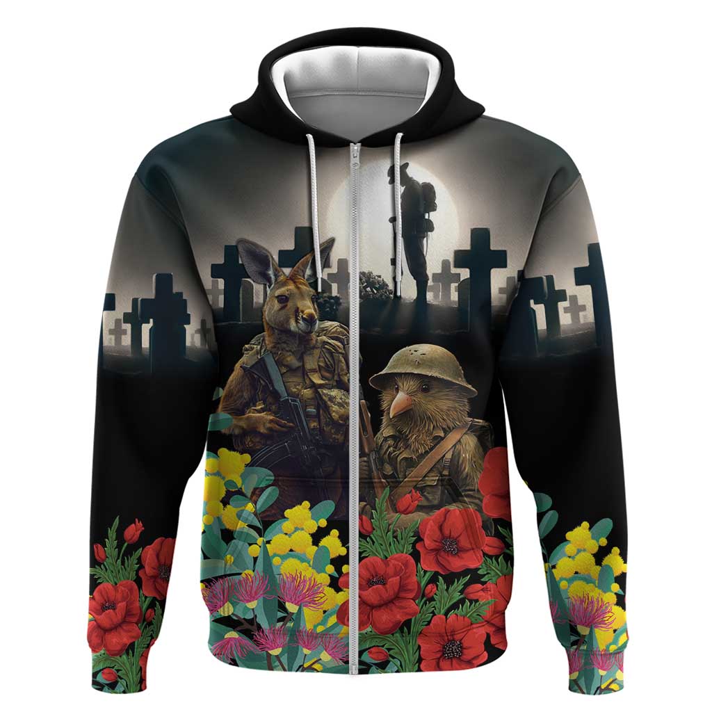 Kangaroo-Kiwi Soldier ANZAC Personalised Hoodie Golden Wattle Poppy Flowers LT9 Zip Hoodie Black - Polynesian Pride
