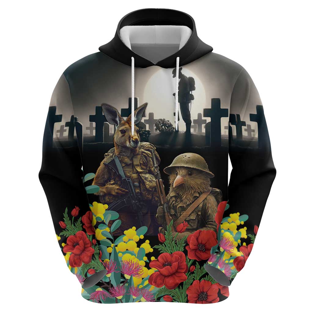 Kangaroo-Kiwi Soldier ANZAC Personalised Hoodie Golden Wattle Poppy Flowers LT9 - Polynesian Pride