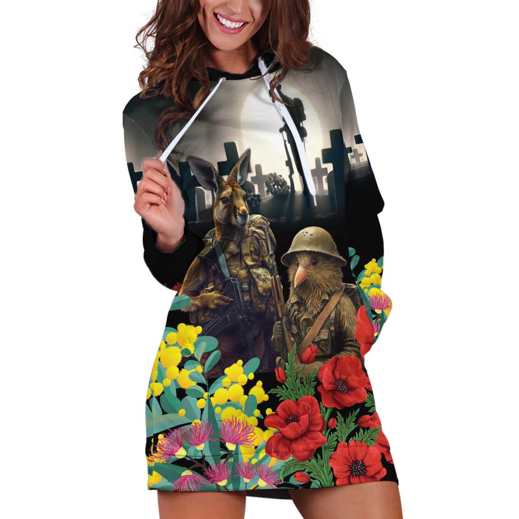 Kangaroo-Kiwi Soldier ANZAC Personalised Hoodie Dress Golden Wattle Poppy Flowers LT9 Black - Polynesian Pride