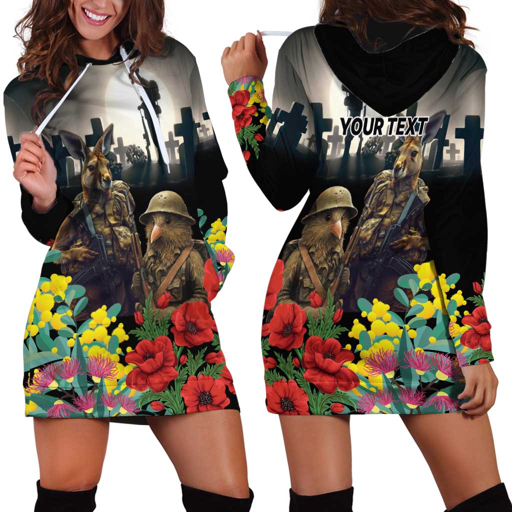 Kangaroo-Kiwi Soldier ANZAC Personalised Hoodie Dress Golden Wattle Poppy Flowers LT9 - Polynesian Pride
