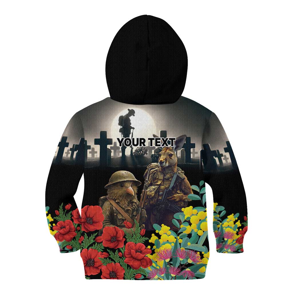Kangaroo-Kiwi Soldier ANZAC Personalised Kid Hoodie Golden Wattle Poppy Flowers LT9 - Polynesian Pride