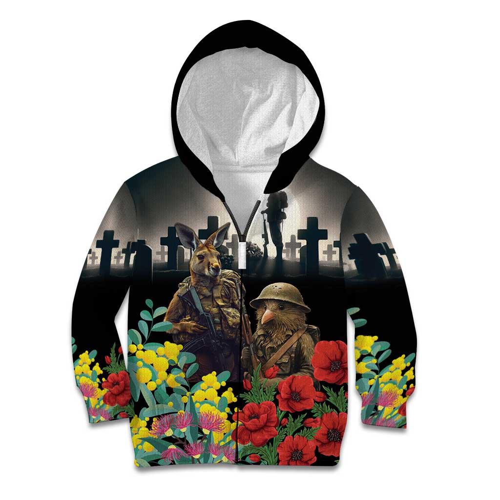 Kangaroo-Kiwi Soldier ANZAC Personalised Kid Hoodie Golden Wattle Poppy Flowers LT9 Zip Hoodie Black - Polynesian Pride