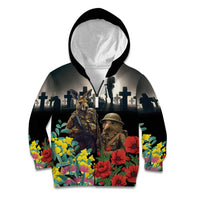 Kangaroo-Kiwi Soldier ANZAC Personalised Kid Hoodie Golden Wattle Poppy Flowers LT9 Zip Hoodie Black - Polynesian Pride
