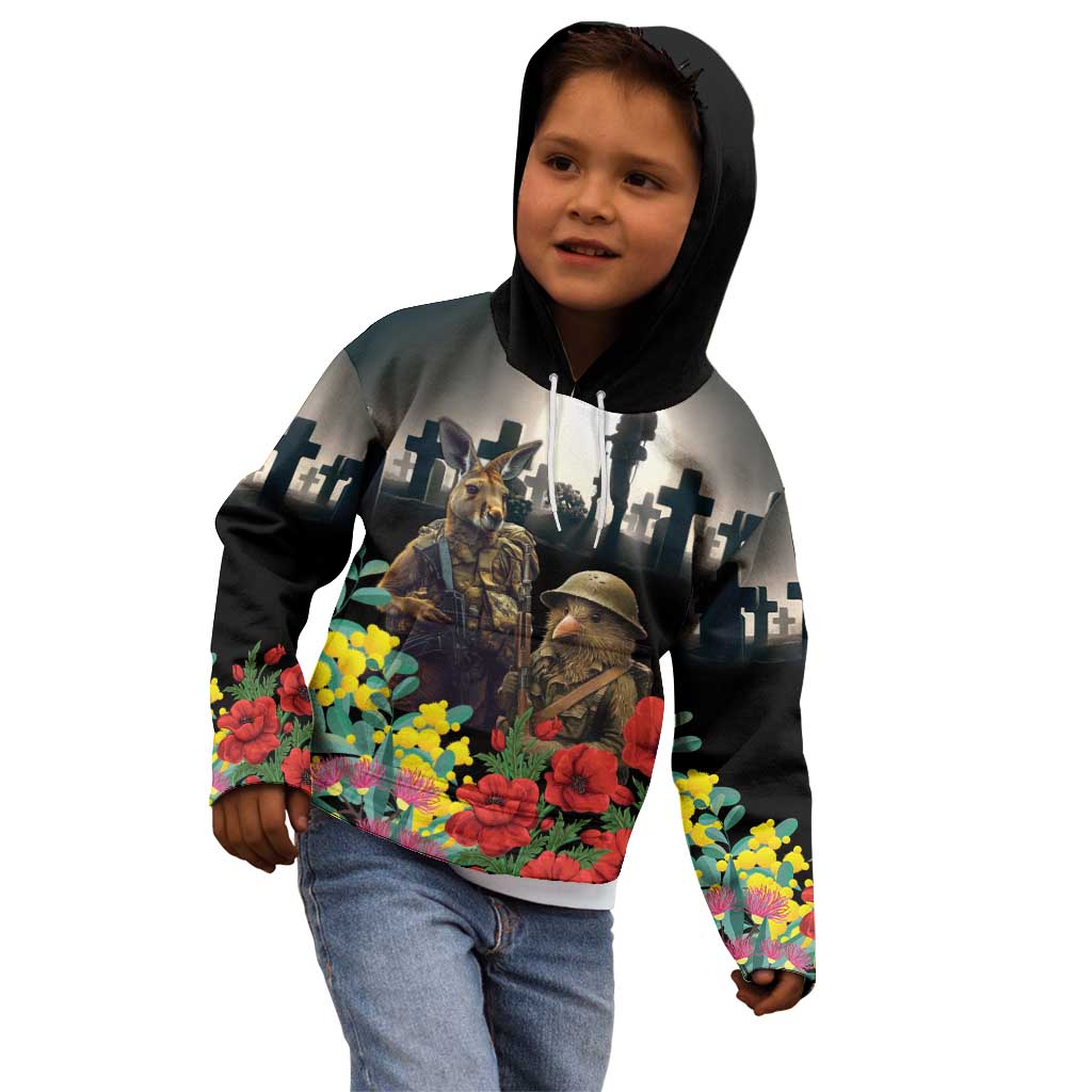 Kangaroo-Kiwi Soldier ANZAC Personalised Kid Hoodie Golden Wattle Poppy Flowers LT9 - Polynesian Pride