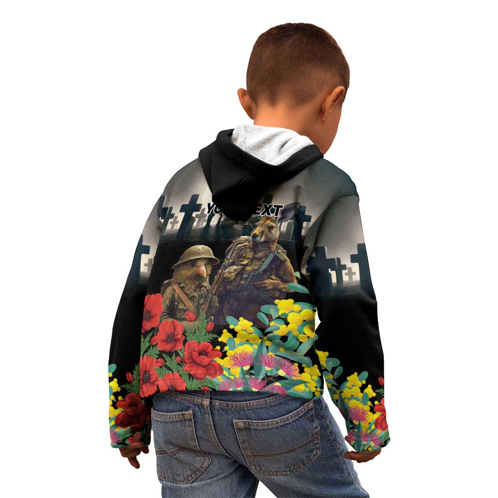 Kangaroo-Kiwi Soldier ANZAC Personalised Kid Hoodie Golden Wattle Poppy Flowers LT9 - Polynesian Pride