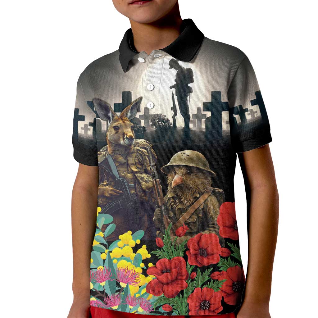 Kangaroo-Kiwi Soldier ANZAC Personalised Kid Polo Shirt Golden Wattle Poppy Flowers LT9 Kid Black - Polynesian Pride