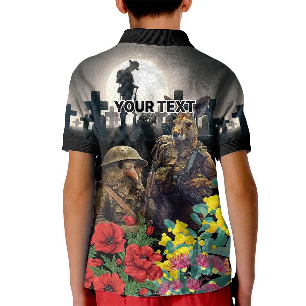 Kangaroo-Kiwi Soldier ANZAC Personalised Kid Polo Shirt Golden Wattle Poppy Flowers LT9 - Polynesian Pride