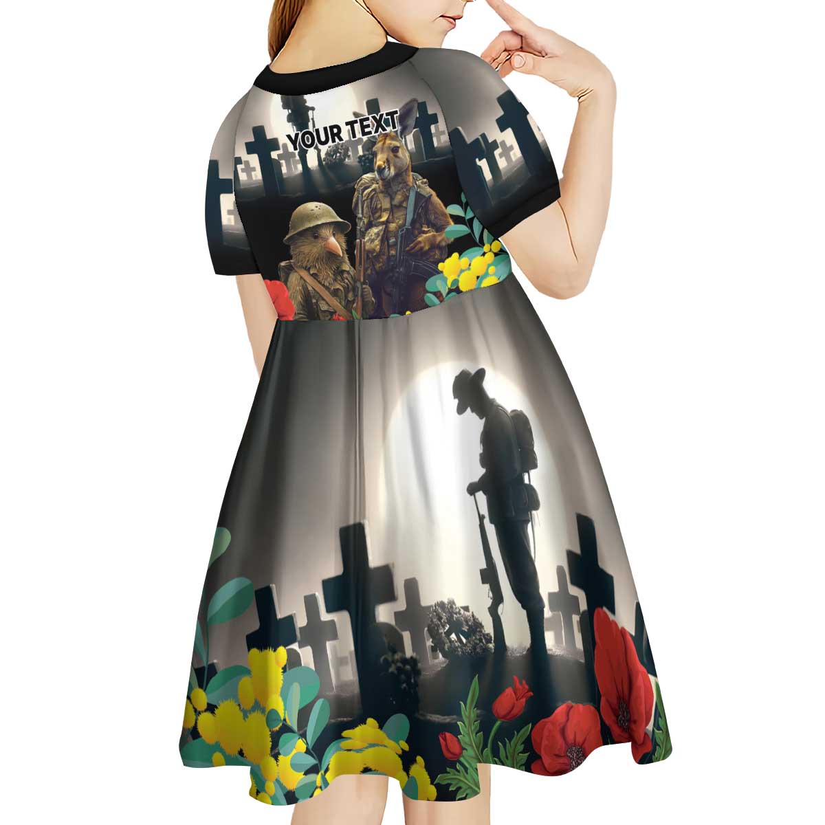 Kangaroo-Kiwi Soldier ANZAC Personalised Kid Short Sleeve Dress Golden Wattle Poppy Flowers LT9 - Polynesian Pride