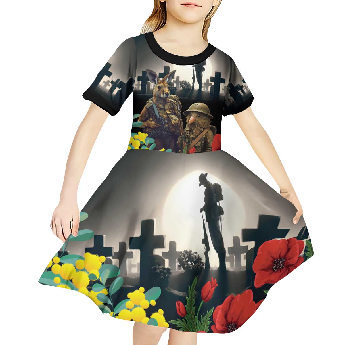 Kangaroo-Kiwi Soldier ANZAC Personalised Kid Short Sleeve Dress Golden Wattle Poppy Flowers LT9 - Polynesian Pride