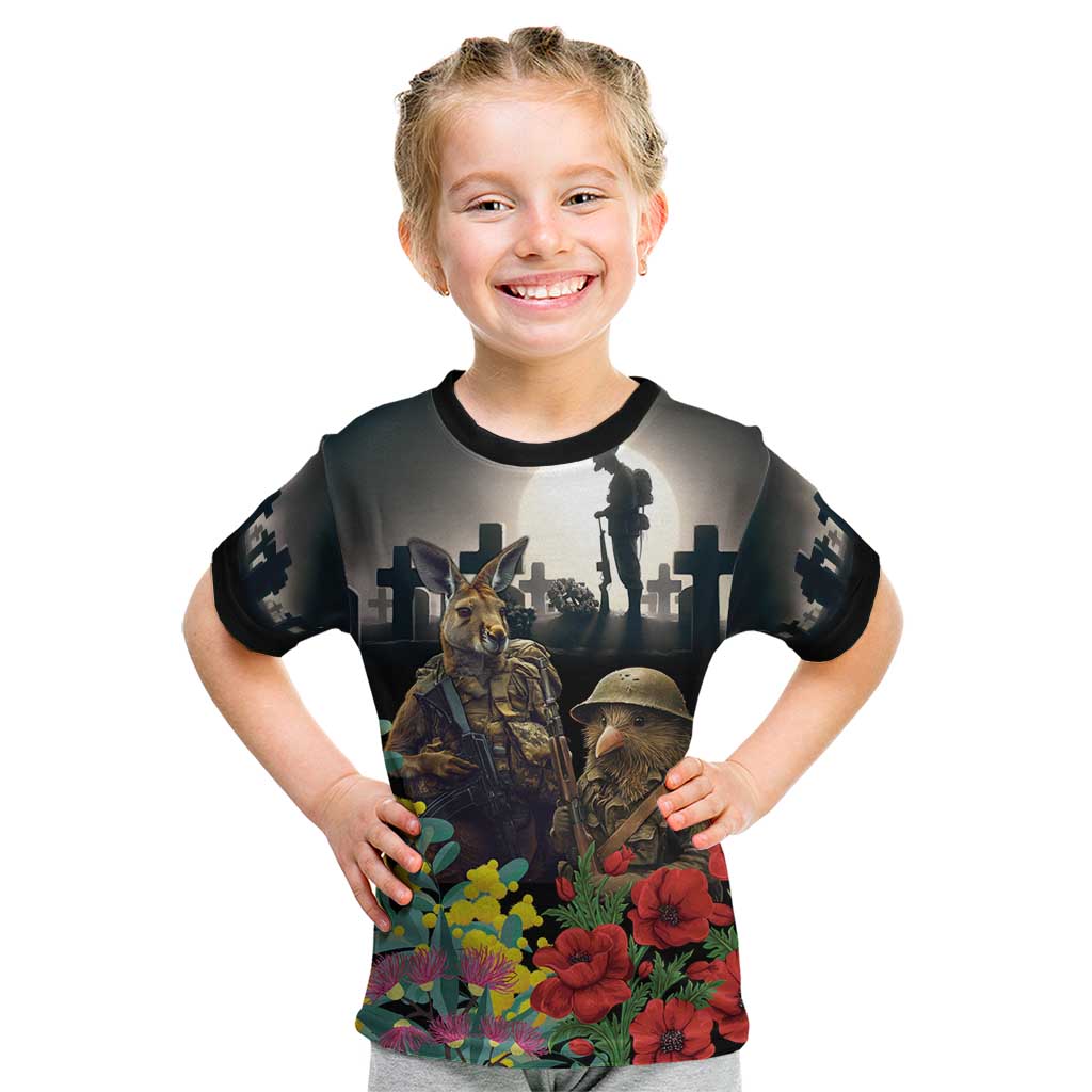 Kangaroo-Kiwi Soldier ANZAC Personalised Kid T Shirt Golden Wattle Poppy Flowers LT9 Black - Polynesian Pride