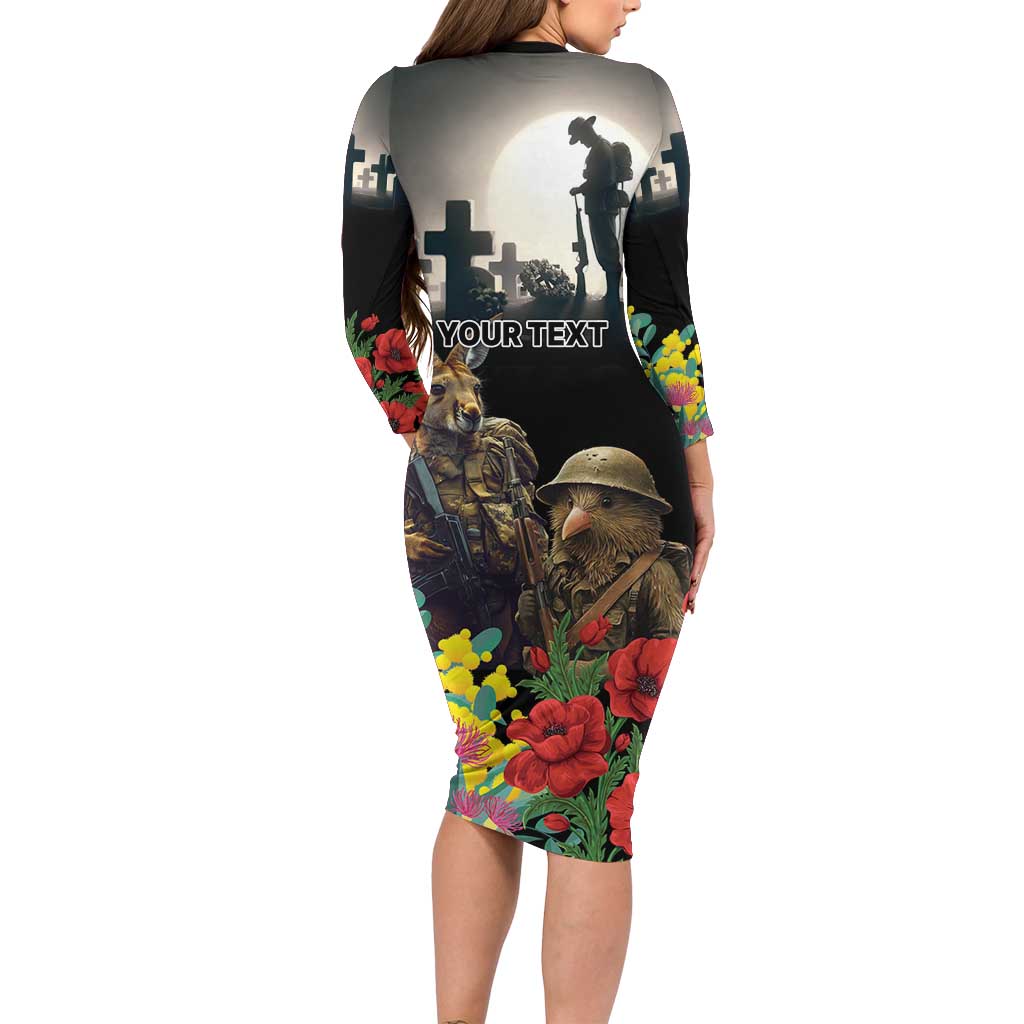 Kangaroo-Kiwi Soldier ANZAC Personalised Long Sleeve Bodycon Dress Golden Wattle Poppy Flowers LT9 - Polynesian Pride