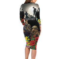 Kangaroo-Kiwi Soldier ANZAC Personalised Long Sleeve Bodycon Dress Golden Wattle Poppy Flowers LT9 - Polynesian Pride