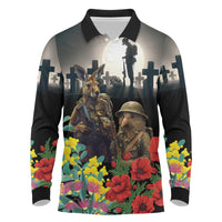 Kangaroo-Kiwi Soldier ANZAC Personalised Long Sleeve Polo Shirt Golden Wattle Poppy Flowers LT9 Black - Polynesian Pride