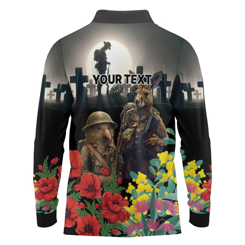 Kangaroo-Kiwi Soldier ANZAC Personalised Long Sleeve Polo Shirt Golden Wattle Poppy Flowers LT9 - Polynesian Pride