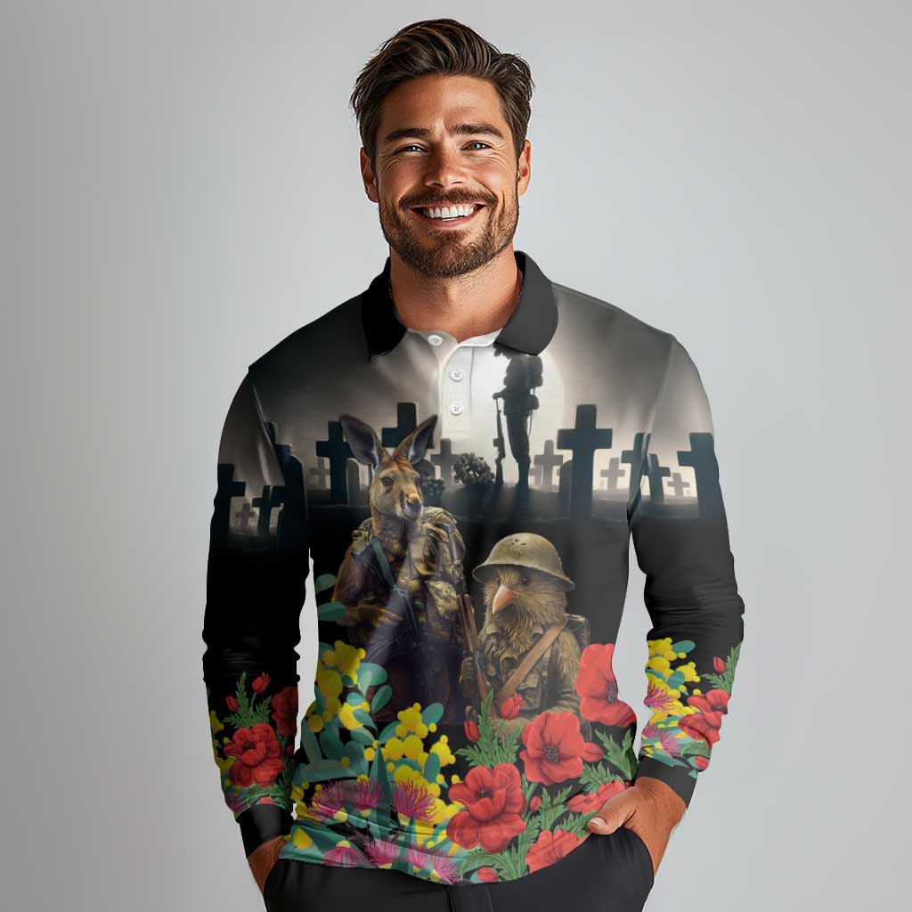 Kangaroo-Kiwi Soldier ANZAC Personalised Long Sleeve Polo Shirt Golden Wattle Poppy Flowers LT9 - Polynesian Pride