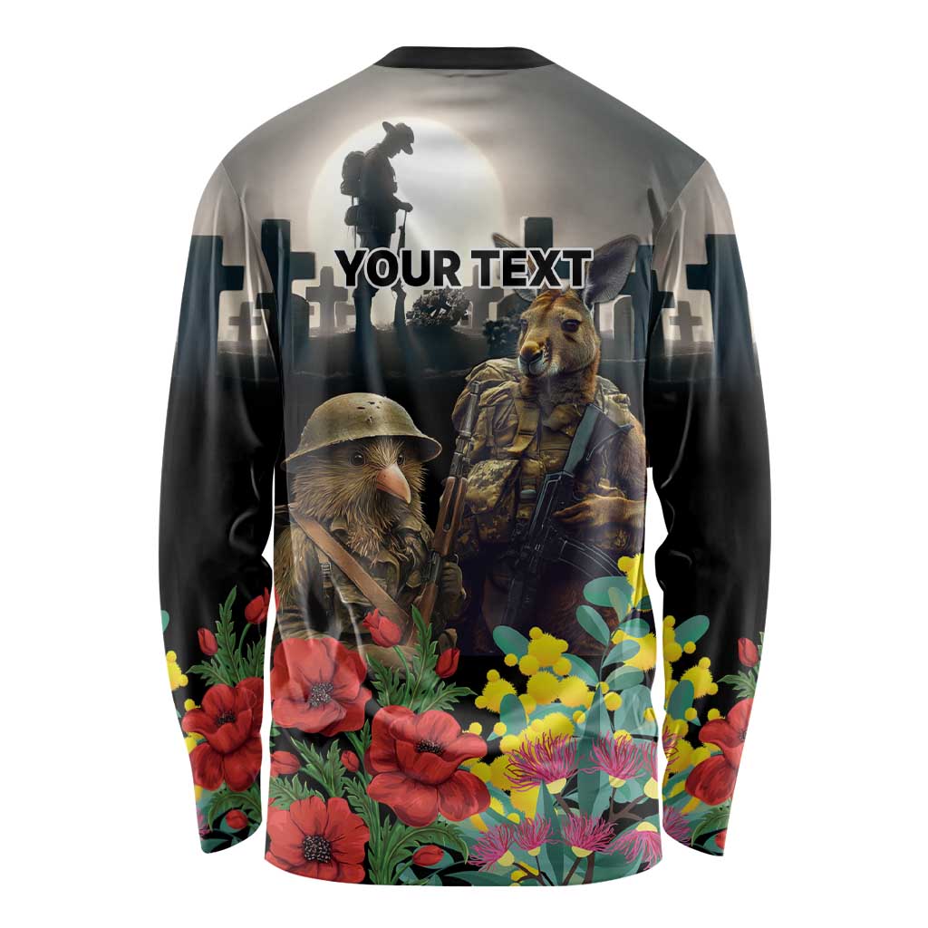Kangaroo-Kiwi Soldier ANZAC Personalised Long Sleeve Shirt Golden Wattle Poppy Flowers LT9 - Polynesian Pride