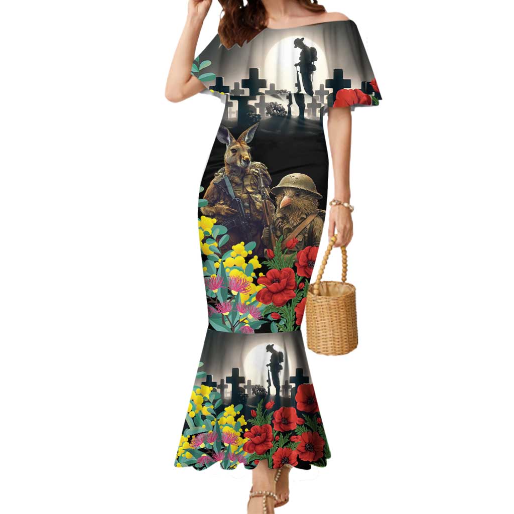 Kangaroo-Kiwi Soldier ANZAC Personalised Mermaid Dress Golden Wattle Poppy Flowers LT9 Women Black - Polynesian Pride