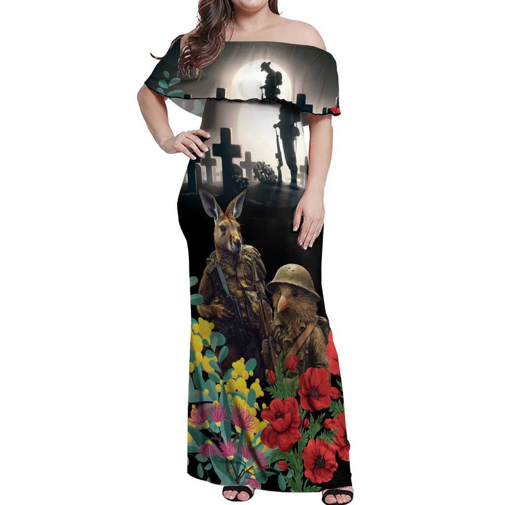 Kangaroo-Kiwi Soldier ANZAC Personalised Off Shoulder Maxi Dress Golden Wattle Poppy Flowers LT9 Women Black - Polynesian Pride