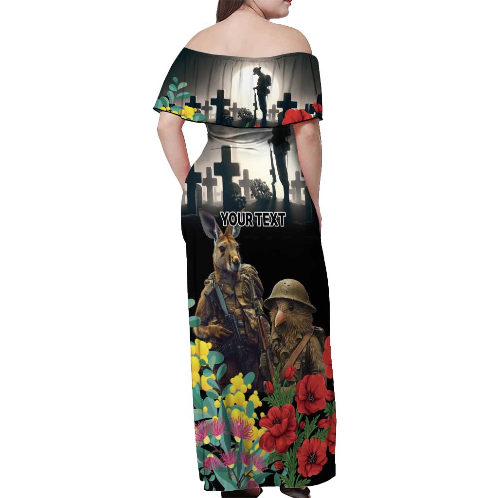Kangaroo-Kiwi Soldier ANZAC Personalised Off Shoulder Maxi Dress Golden Wattle Poppy Flowers LT9 - Polynesian Pride