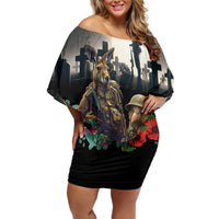 Kangaroo-Kiwi Soldier ANZAC Personalised Off Shoulder Short Dress Golden Wattle Poppy Flowers LT9 Women Black - Polynesian Pride
