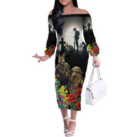 Kangaroo-Kiwi Soldier ANZAC Personalised Off The Shoulder Long Sleeve Dress Golden Wattle Poppy Flowers LT9 Women Black - Polynesian Pride