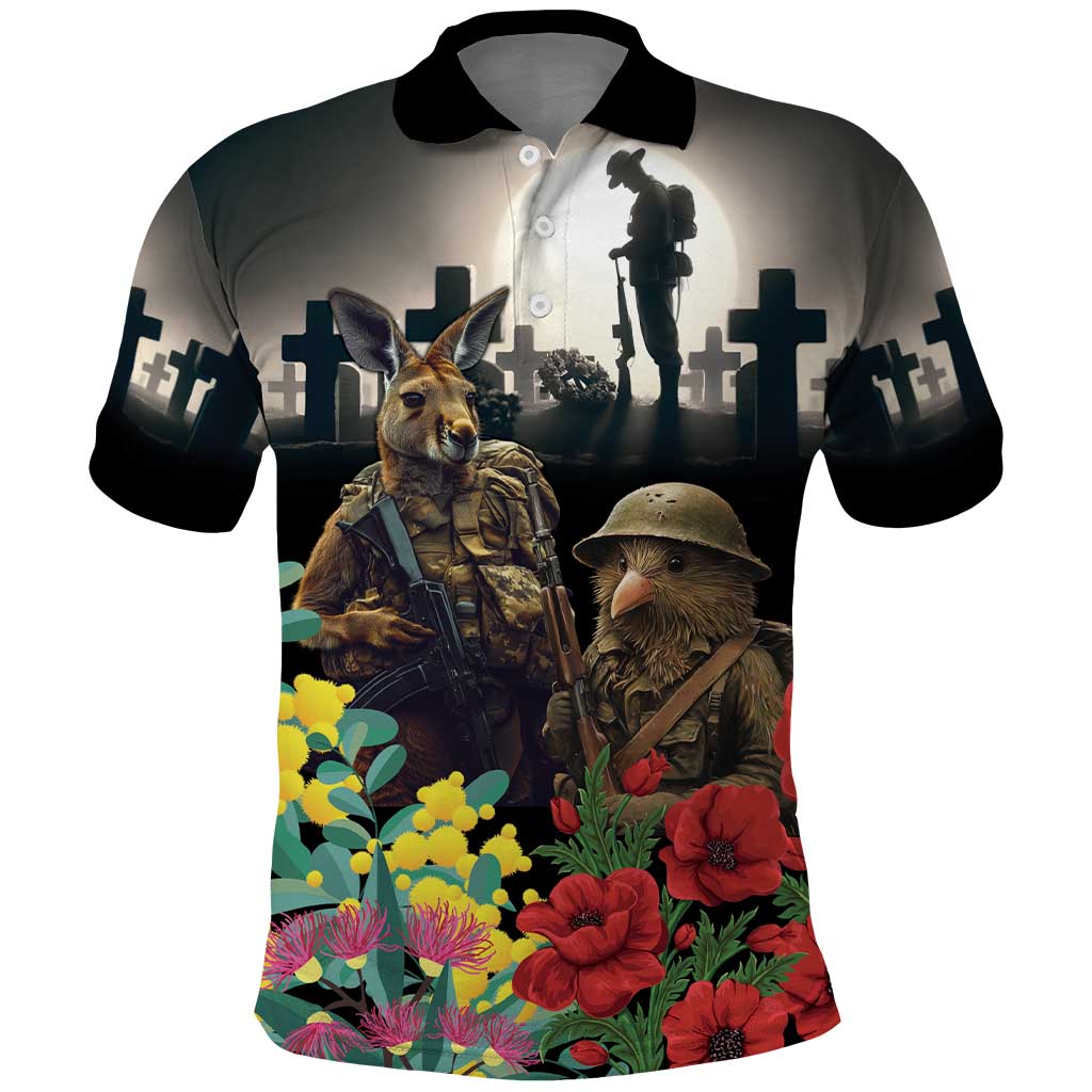Kangaroo-Kiwi Soldier ANZAC Personalised Polo Shirt Golden Wattle Poppy Flowers LT9 Black - Polynesian Pride