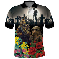 Kangaroo-Kiwi Soldier ANZAC Personalised Polo Shirt Golden Wattle Poppy Flowers LT9 Black - Polynesian Pride
