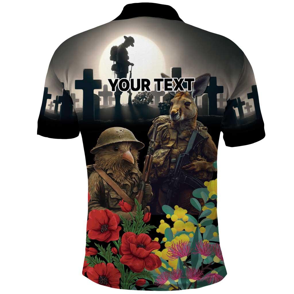 Kangaroo-Kiwi Soldier ANZAC Personalised Polo Shirt Golden Wattle Poppy Flowers LT9 - Polynesian Pride