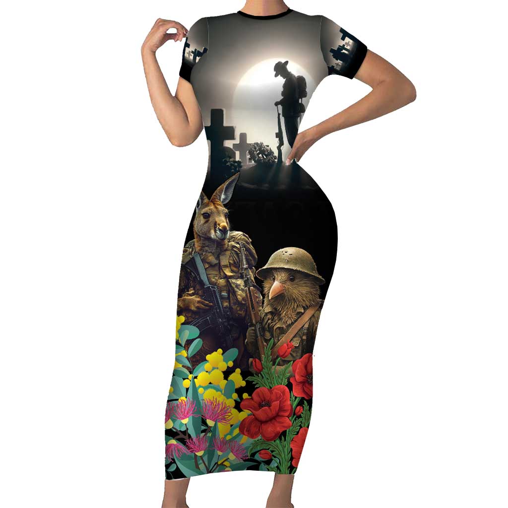 Kangaroo-Kiwi Soldier ANZAC Personalised Short Sleeve Bodycon Dress Golden Wattle Poppy Flowers LT9 Long Dress Black - Polynesian Pride