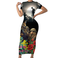 Kangaroo-Kiwi Soldier ANZAC Personalised Short Sleeve Bodycon Dress Golden Wattle Poppy Flowers LT9 Long Dress Black - Polynesian Pride