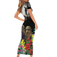 Kangaroo-Kiwi Soldier ANZAC Personalised Short Sleeve Bodycon Dress Golden Wattle Poppy Flowers LT9 - Polynesian Pride