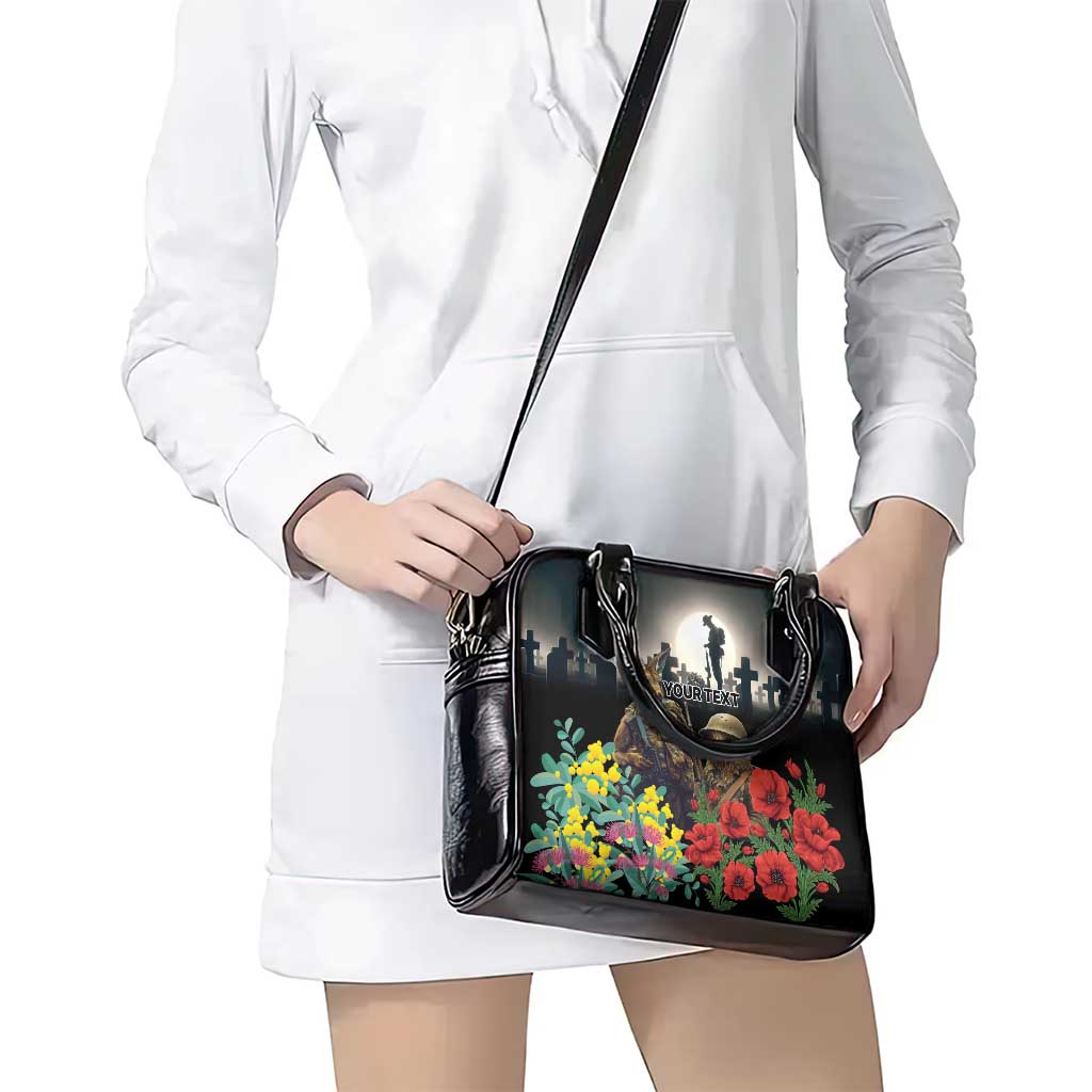 Kangaroo-Kiwi Soldier ANZAC Personalised Shoulder Handbag Golden Wattle Poppy Flowers