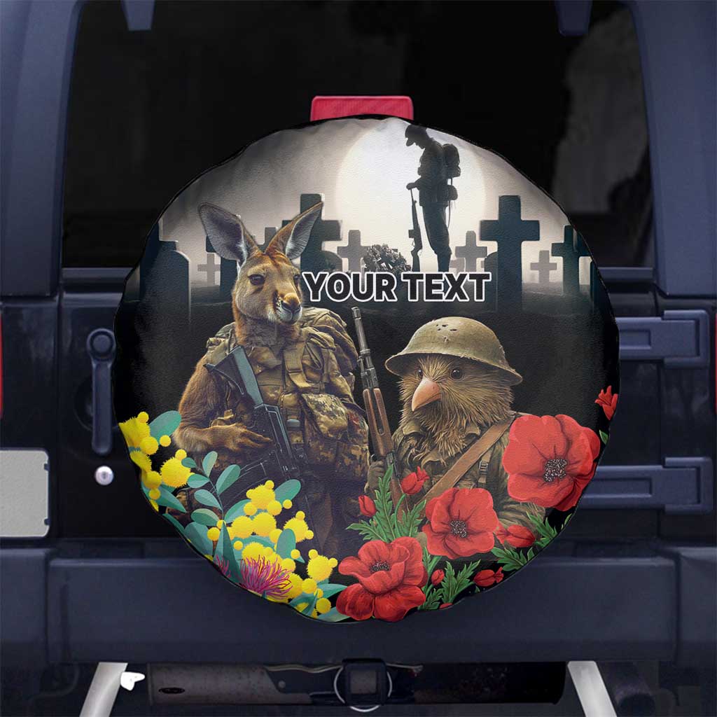Kangaroo-Kiwi Soldier ANZAC Personalised Spare Tire Cover Golden Wattle Poppy Flowers LT9 No hole Black - Polynesian Pride