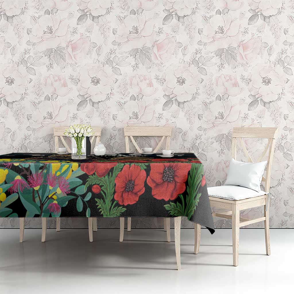 Kangaroo-Kiwi Soldier ANZAC Personalised Tablecloth Golden Wattle Poppy Flowers