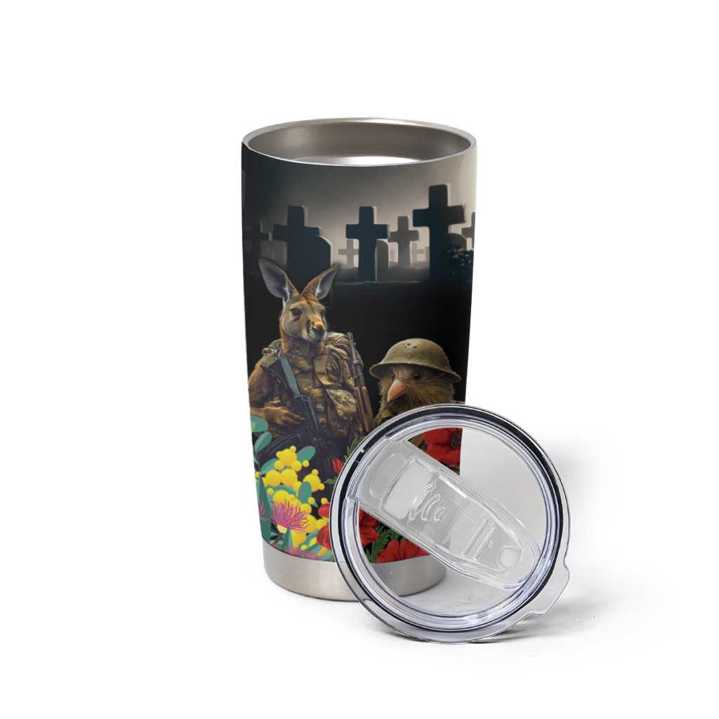Kangaroo-Kiwi Soldier ANZAC Personalised Tumbler Cup Golden Wattle Poppy Flowers LT9 - Polynesian Pride